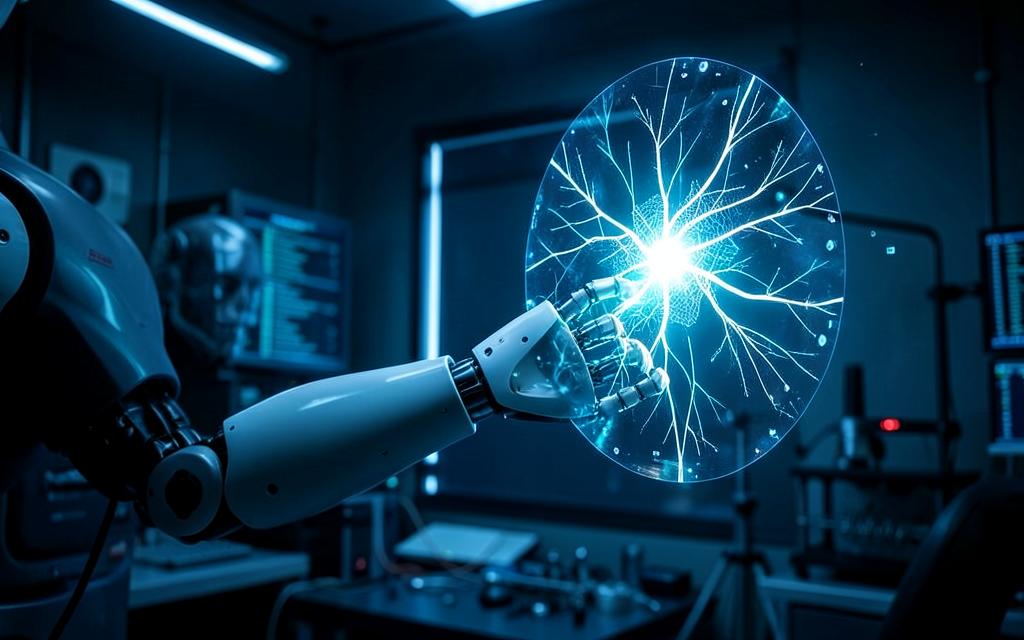 Yapay zeka laboratuvarında robot kol ve sinir ağı hologramı